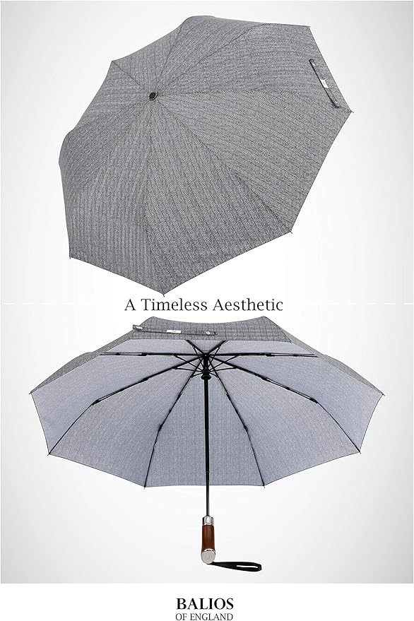 Balios (Designed in UK) Travel Umbrella Luxurious Golden Hardwood Handle Auto Open & Close Windproof Frame Single Canopy Automatic Folding Umbrella Men's & Ladies