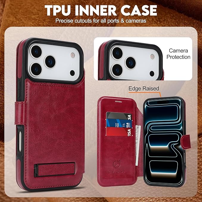 CIVICASE for iPhone 17 Pro Max Wallet Case with Stand,PU Leather Flip Credit Card Holder Slots (RFID Blocking),Compatible with Magsafe Magnetic Holder Phone Cover Women Men,Wine Red