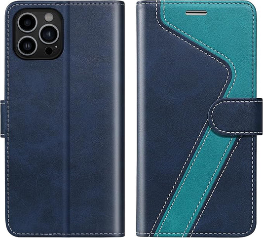 CIVICASE for iPhone 12/iPhone 12 Pro Wallet Case,Leather Flip Case [RFID Blocking] Credit Card Holder Folio Magnetic Stand TPU Shockproof Cover Color Matching for iPhone 12/iPhone 12 Pro,Blue Green