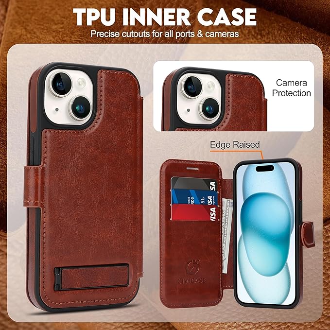 CIVICASE for iPhone 13/iPhone 14 Wallet Case with Stand,PU Leather Flip Credit Card Holder Slots (RFID Blocking),Compatible with Magsafe Magnetic Holder Phone Cover Women Men,Dark Brown