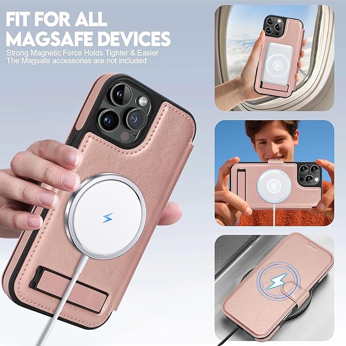 CIVICASE for iPhone 13 Pro Wallet Case with Stand,PU Leather Flip Credit Card Holder Slots (RFID Blocking),Compatible with Magsafe Magnetic Holder Phone Cover Women Men,Rose Gold
