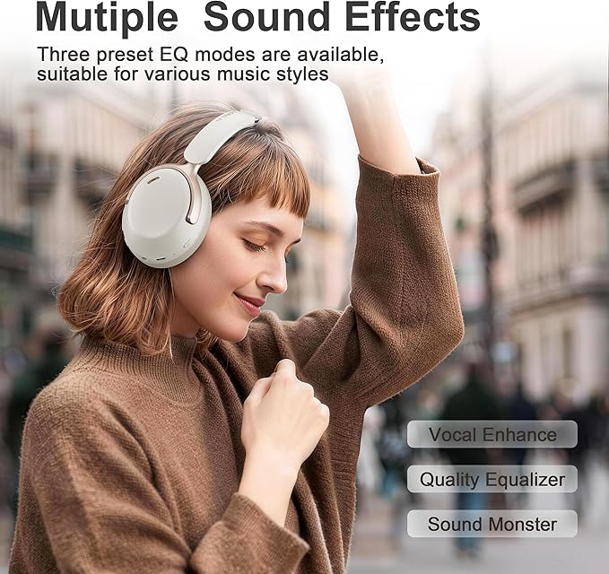 LORELEI Q30 Bluetooth Headphones Over Ear,60H Playtime & 3 EQ Music Modes,BT6.0 Headphones Wireless with Mic,Foldable Lightweight Headsets,HiFi Stereo Deep Bass for Home Travel iPad Tablet-Beige White