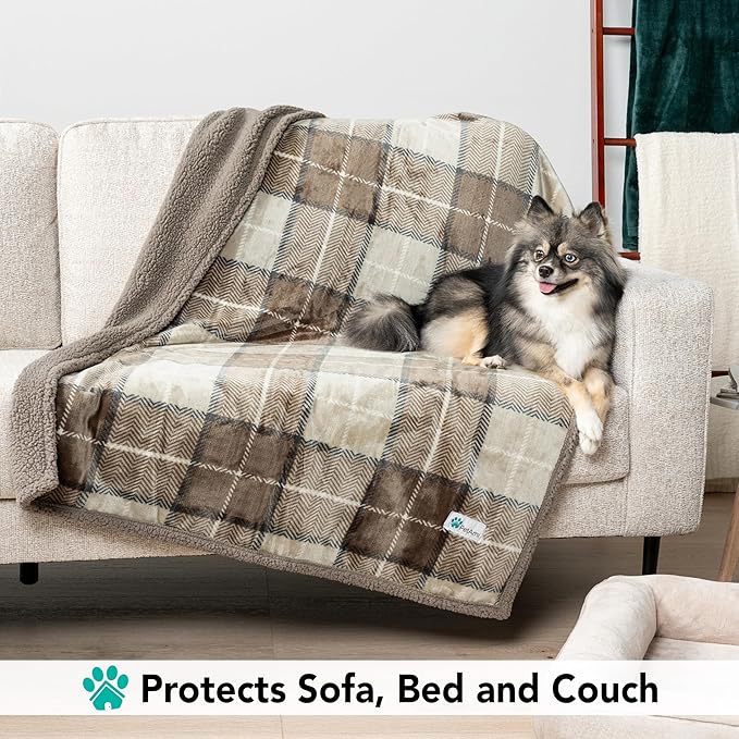 PetAmi Dog Blanket for Medium Large Dogs, Pet Bed Blanket Cat Puppy Kitten, Fleece Furniture Couch Cover Protector Sofa Car, Soft Sherpa Dog Throw Plush Reversible Washable, 40x60 Plaid Taupe