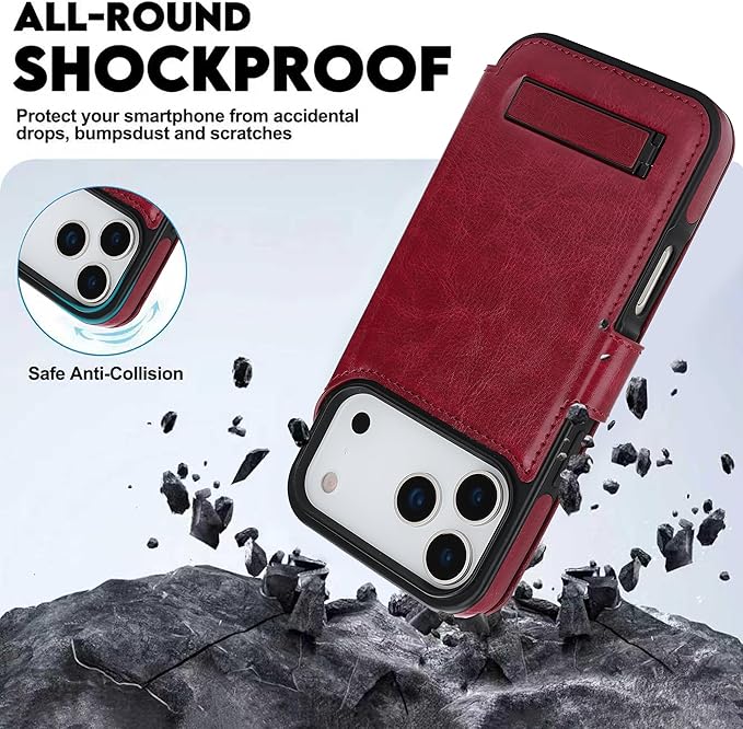 CIVICASE for iPhone 17 Pro Max Wallet Case with Stand,PU Leather Flip Credit Card Holder Slots (RFID Blocking),Compatible with Magsafe Magnetic Holder Phone Cover Women Men,Wine Red