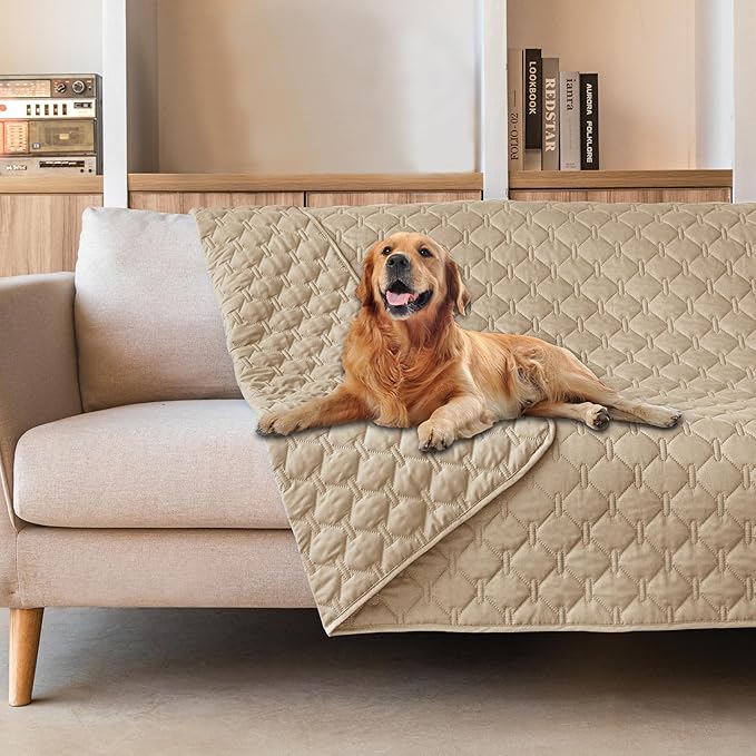 gogobunny 3X Stronger Waterproof Pet Blanket, Scratch Proof Furniture Protector for Dogs Cats, Reversible Cover 52x82 Inch, Dark Beige