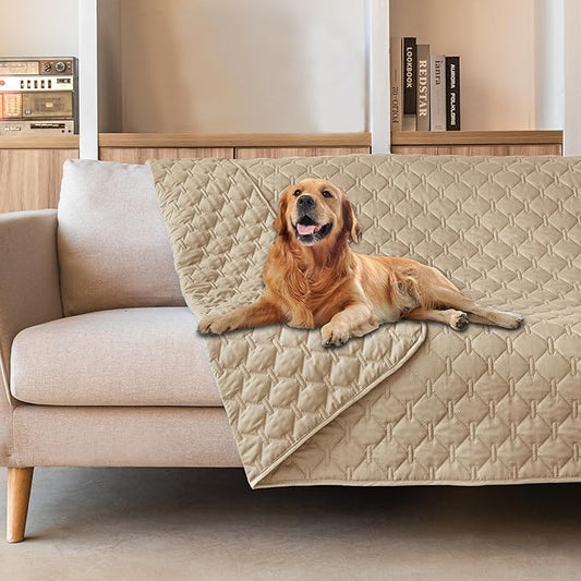 gogobunny 3X Stronger Waterproof Pet Blanket, Scratch Proof Furniture Protector for Dogs Cats, Reversible Cover 52x82 Inch, Dark Beige