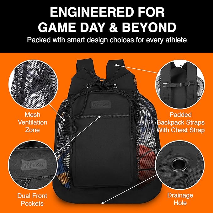Fitdom Heavy Duty Small Mesh Equipment Ball Bag w/Adjustable Backpack Shoulder Strap Design for Coach. 2 Different Size Compartments. Perfect for Soccer Football Volleyball Basketball & Water Sports