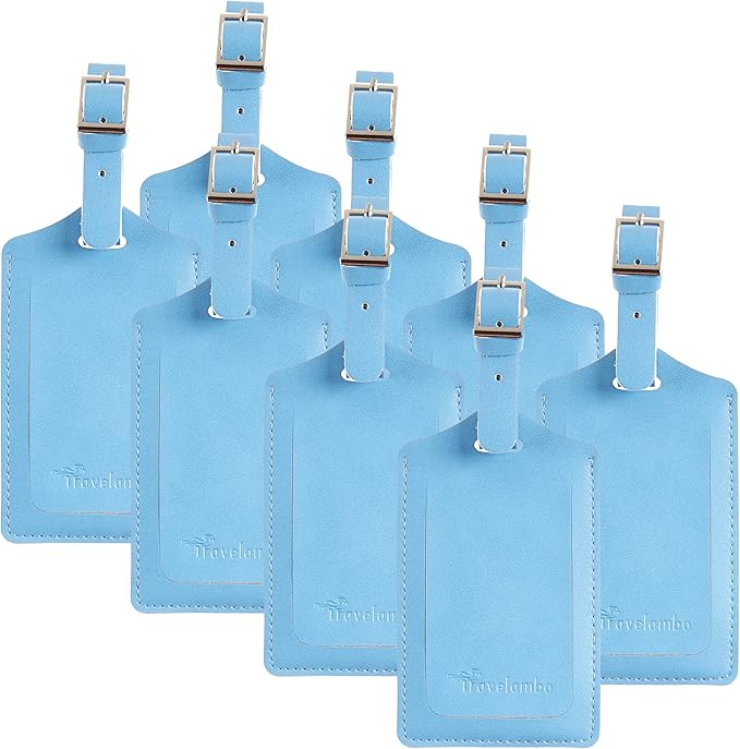 Travelambo 8 Pack Luggage Tags Faux Leather for Suitcases Travel Bag Labels Travel Accessories Essential with Protection Cover ID (Light Blue)