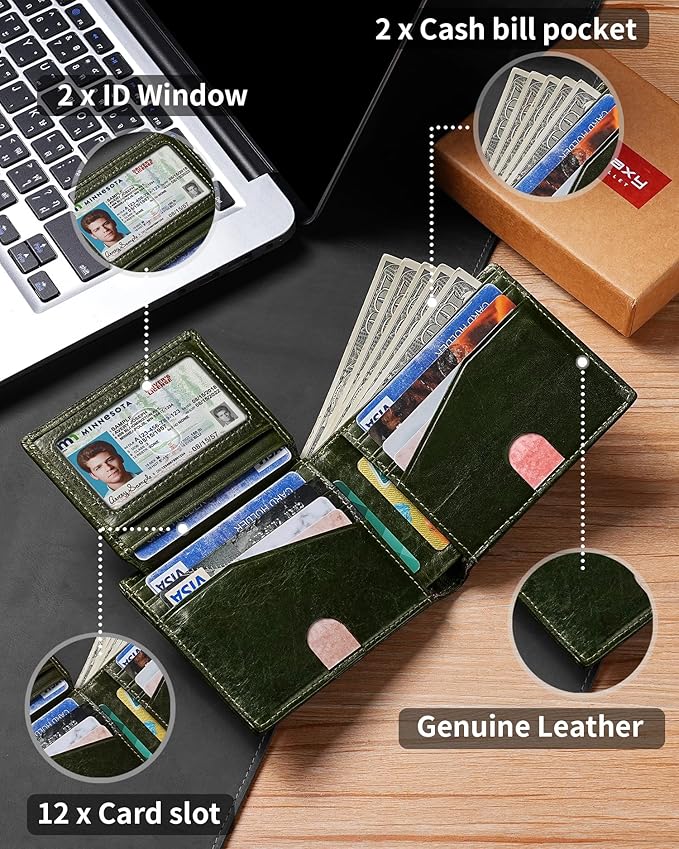 Artpaxy Mens Wallet Bifold Genuine Leather RFID Blocking Wallet for Men with 2 ID Windows 12 Card Holders 2 cash pockets 1 Gift Box