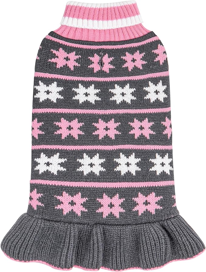 KYEESE Dog Sweater for Small Dogs Fall Winter Dogs Clothes Warm Pet Coats Pullover Knit Pullover for Girl Pet Sweater with Classic Snowflake Pattern Dog Sweater Dress with Leash Hole, Grey, X-Small