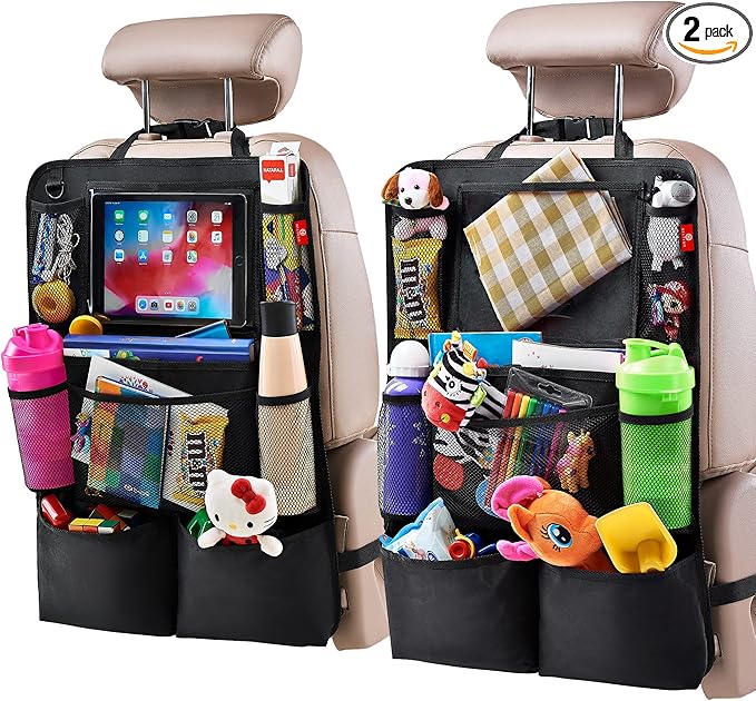 Helteko Backseat Car Organizer, Kick Mats Back Seat Protector with Touch Screen Tablet Holder, Back Seat Organizer for Kids, Travel Accessories with 9 Storage Pockets 2 Pack, Black