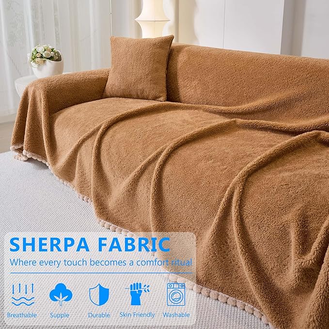 Sherpa Fleece Oversized Couch Cover for 3-4 Cushion Sofa, Brown 71" x 150" - Pet Proof Sofa Covers Heavy Duty Scratch Resistant Pet Friendly Furniture Cover - Easy Install, Machine Washable