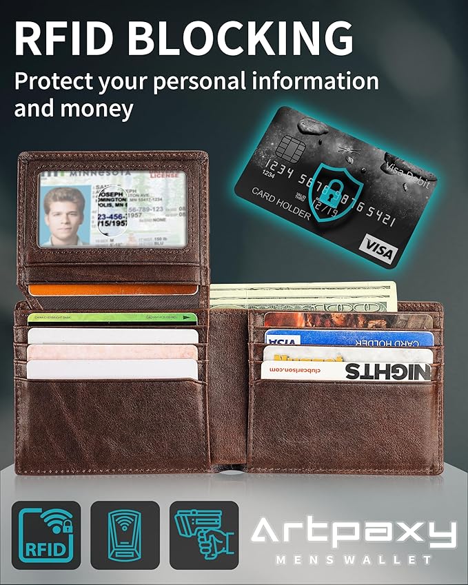 Mens Wallet With AirTag Holder, Bifold Leather RFID Blocking 1-2 ID Windows 12-13 Card Holders, Gift Box and Screen Protector Included, AirTag Not Included