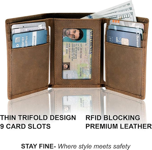 Top Grain Leather Trifold Wallet for Men | Ultra Strong Stitching | Handcrafted Argentinian Leather | RFID Blocking | Extra Capacity Trifold Wallet |Thin and Sophisticated Tri-Fold Design