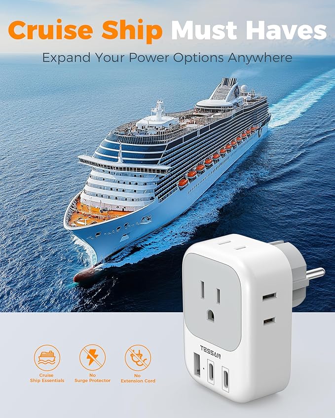 TESSAN 2 Pack Type E F Plug Adapter (2 USB-C), France Spain South Korea Power Adapter with 4 Outlets 3 USB, European Travel Adaptor for US to Germany Iceland Greece Portugal