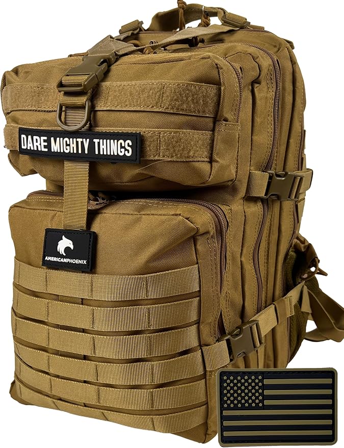 AMERICANPHOENIX 45L Elite Tactical Backpack | 3X Stronger Work & Military Backpack | Water Resistant and Heavy Duty | 3 Day MOLLE Bug Out Bag (Dune Brown)