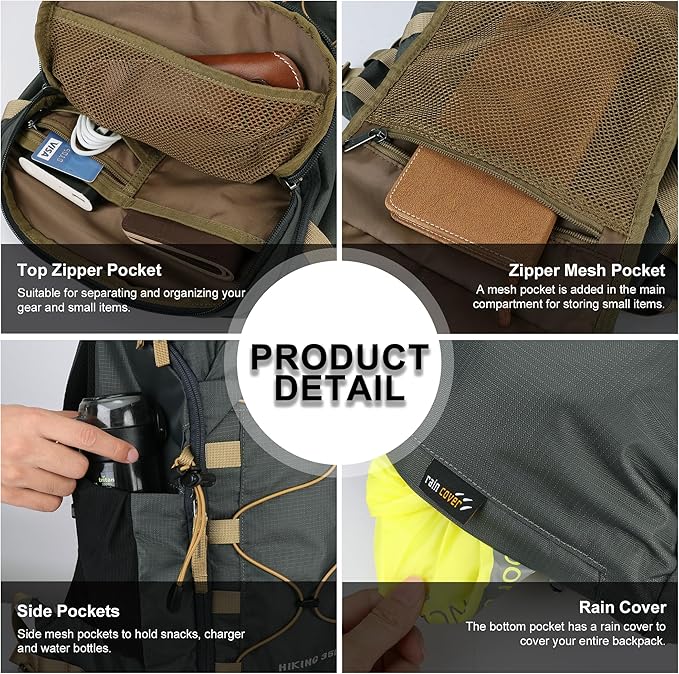 MOUNTAINTOP 35L Hiking Backpack, Lightweight Outdoor Travel Camping Daypack with Rain Cover for Men & Women（Grey）