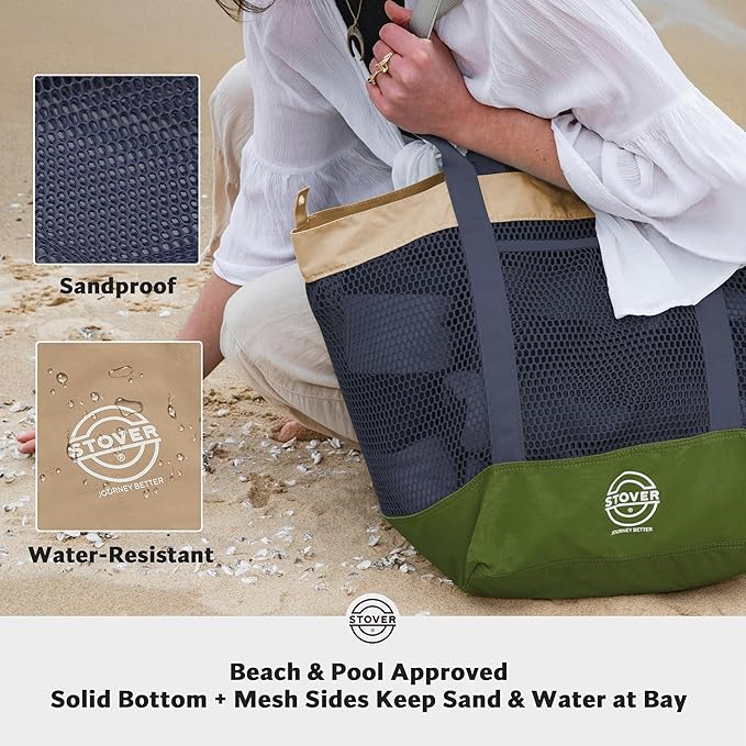 STOVER Large Mesh Beach Bag, Vacation, Pool, Shopping, & Travel Tote - Foldable w/Storage Pockets for Women, Men & Families