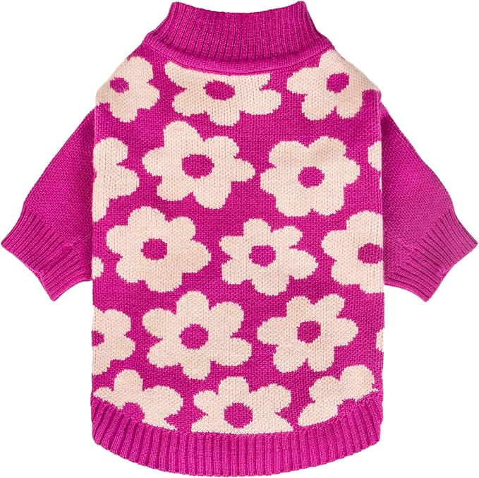 Fitwarm Floral Dog Sweater, Thermal Dog Sweatshirt, Soft Pet Outfit, Hot Pink, White, Large