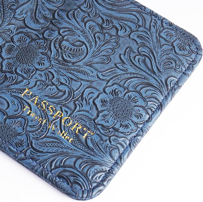 lizimandu Passport Holder with Airtag Slot, Airtag Passport Wallet for Men Women, Slim Leather Passport Holder Case Family for Travel Anti-Lost(1-Carved Blue)