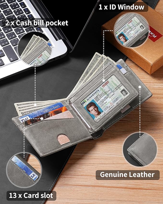 Artpaxy Mens Wallet Bifold Genuine Leather RFID Blocking Wallet for Men with 1 ID Windows 13 Card Holders 2 cash pockets 1 Gift Box