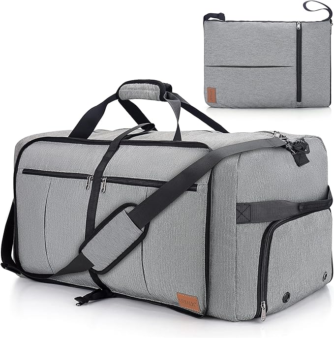 80L Travel Duffle Bag for Men, Large Foldable Duffel Bag for Travel with Shoe Compartment Overnight Weekender Bag Gym Bag for Men Women Waterproof & Tear Resistant (Gray, 80L)