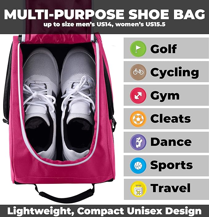 Athletico Golf Shoe Bag - Zippered Shoe Carrier Bags With Ventilation & Outside Pocket for Socks, Tees, etc. (Pink)