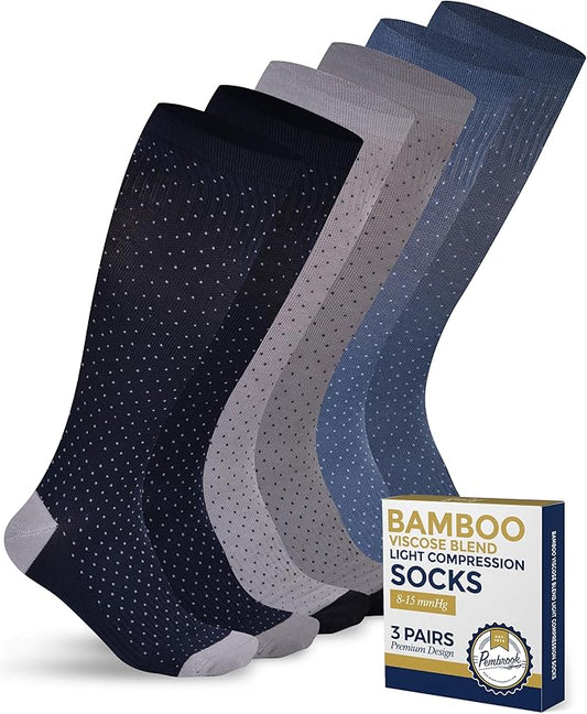Pembrook Bamboo Viscose Light Compression Socks - 3 Pairs | 8-15 mmhg Compression Socks | Knee High Comfort Support Socks