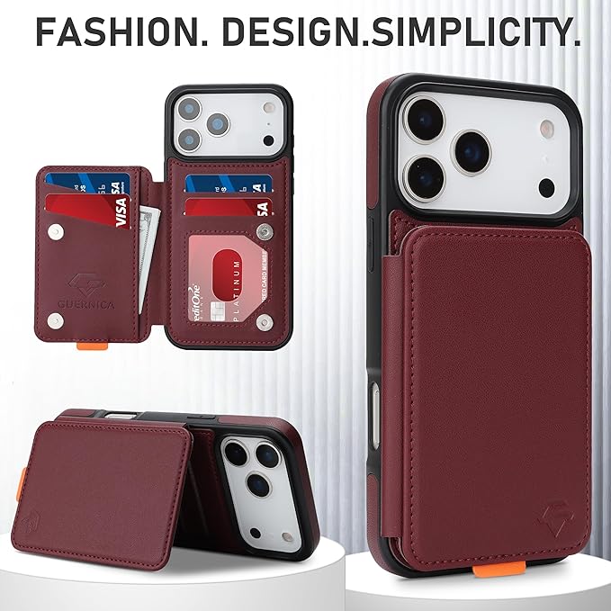 GUERNICA for iPhone 17 Pro Max (6.9") Case Wallet with Card Holder, RFID Blocking Leather Protection, Shockproof Women Men Phone Case for Apple 17 Pro Max, Wine Red