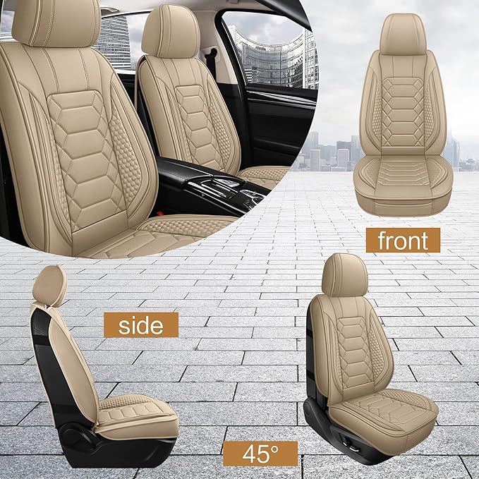 HAIYAOTIMES Leather Car Seat Covers Front Set, Waterproof Faux Leather Seat Covers for Cars, Non-Slip Car Interior Covers Universal Fit for Most Cars Sedans Trucks SUVs, Beige