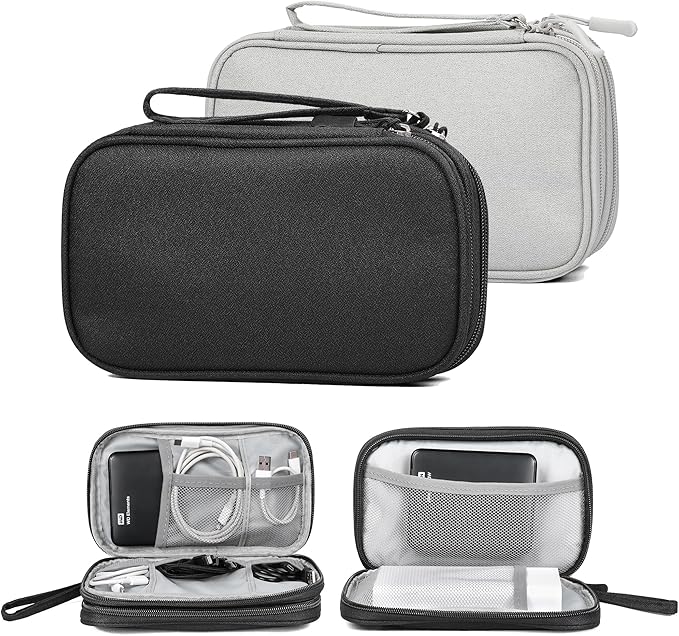 2 Pack Travel Cable Organizer Double Layer with Smooth Coating Zipper,Cable Organizer Bag Electronic Accessroies Shockproof and Impact-Protective for Hard Drives,Cables,Charger,USB Card