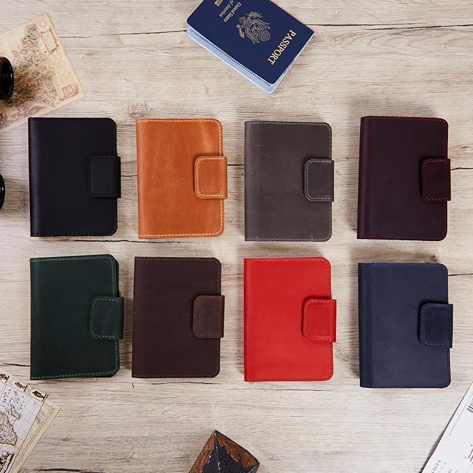 Leather Passport Holder for Travel Men - Travel Passport Wallet Compatible with Airtag Passports Cover with Card Slots & Note Compartment, Magnetic Closure, Genuine Leather, Vintage Cognac