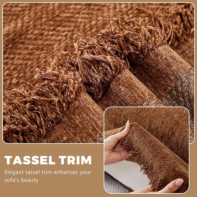 Chenille Couch Cover for 3 Cushion Sofa Pet Friendly Furniture Covers, Boho Sofa Covers Washable L Shape 3 Seater Couch Cover, 71"x 134", Brown