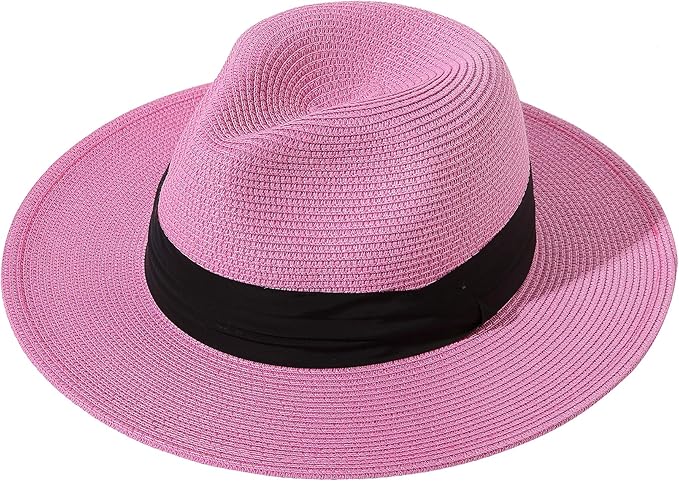 Lanzom Women Wide Brim Straw Panama Roll up Hat Fedora Beach Sun Hat UPF50+
