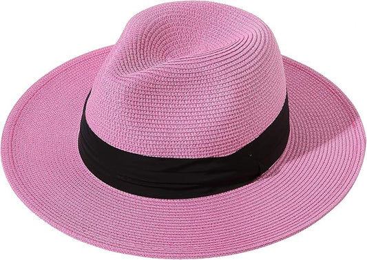 Lanzom Women Wide Brim Straw Panama Roll up Hat Fedora Beach Sun Hat UPF50+