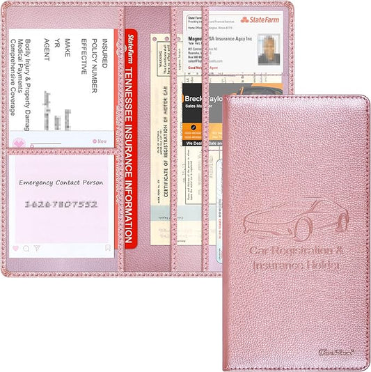 Car Insurance and Registration Holder, 9.5 x 5 Inch PU Leather Vehicle Glove Box Organizer Wallet Case for Insurance Card, Driver License, Paperwork - Rose Gold