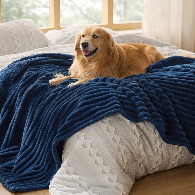 Bedsure Waterproof Dog Blankets for Large Dogs - Soft Pet Cat Blanket Corduroy Fleece for Bed Protector Washable, Cozy Calming Reversible Furniture Protection for Puppy,60"x80", Navy Blue