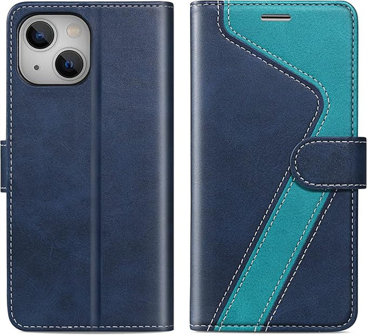 CIVICASE for iPhone 14 Plus Wallet Case,Leather Flip Case [RFID Blocking] Credit Card Holder Folio Magnetic Stand TPU Shockproof Cover Color Matching for iPhone 14 Plus (6.7") Blue Green