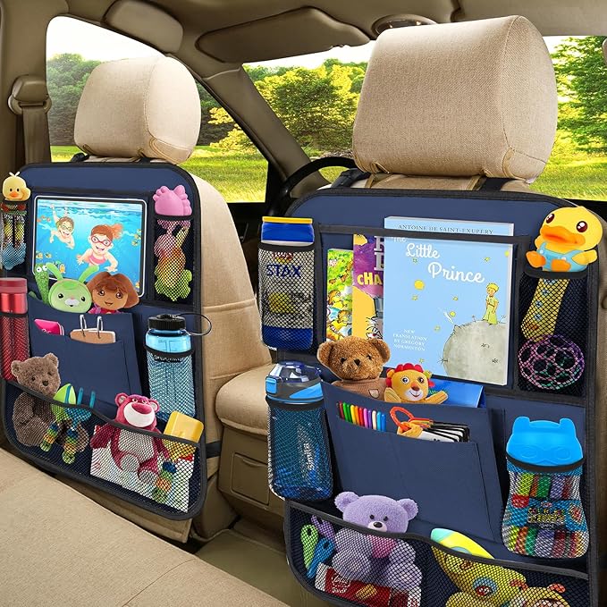 Car Backseat Organizer with 11" Table Holder, 10 Storage Pockets Seat Back Protectors Kick Mats for Kids Toddlers, Travel Accessories, 2 Pack, Blue