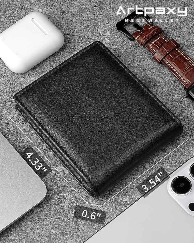 Artpaxy Mens Wallet Bifold Genuine Leather RFID Blocking Wallet for Men with 2 ID Windows 11 Card Holders 2 cash pockets 1 Gift Box