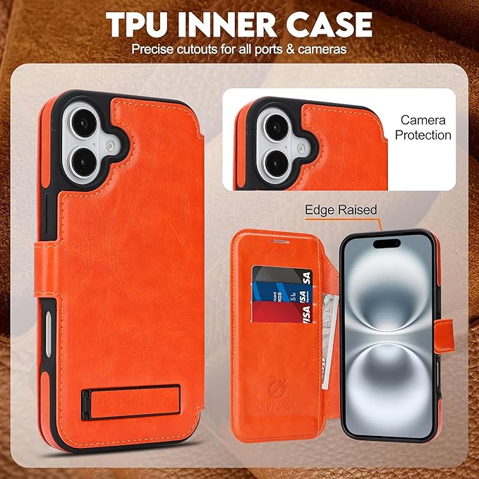 CIVICASE for iPhone 17 Wallet Case with Stand,PU Leather Flip Credit Card Holder Slots (RFID Blocking),Compatible with Magsafe Magnetic Holder Phone Cover Women Men,Orange