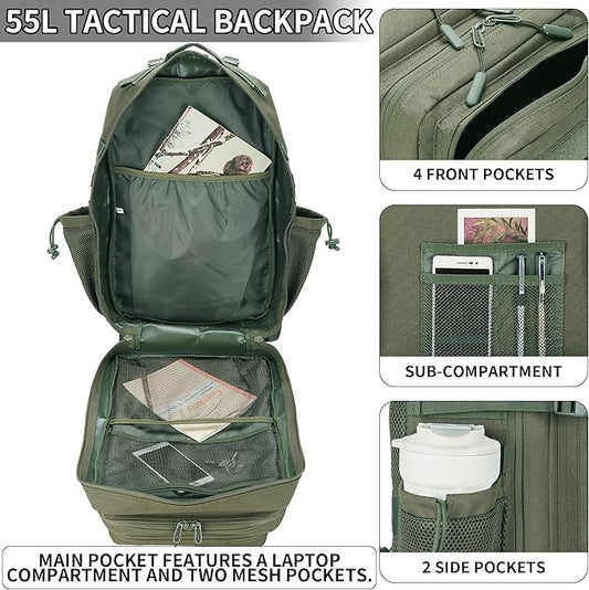 55L Tactical Backpack Heavy Duty Military Rucksack Molle Backpack 3 Day Assault Pack for Work Outdoors