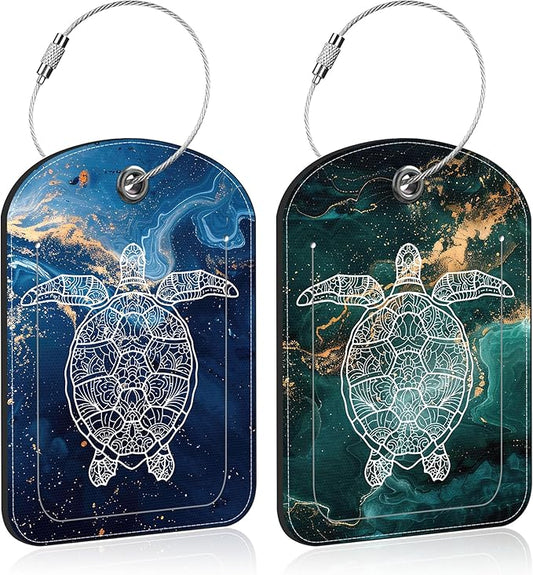 2 Pack Luggage Tag for Suitcase Liquid Marble and Turtle Leather Suitcase Tags with Privacy Name ID Label and Stainless Steel Loop for Travel Bag