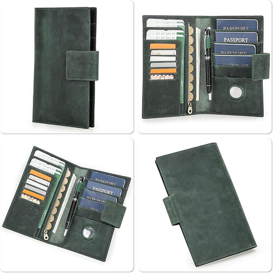 Top Grain Leather Travel Passport Wallet Holder for Man & Woman, Snap Button Design for 4 Passports & Multi Cards, RFID Blocking Large Capacity for Passports/Cards/Checks/Bills, Dark Green