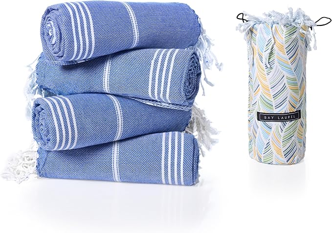 BAY LAUREL Turkish Beach Towel with Travel Bag 39 x 71 Quick Dry Sand Free Lightweight Large Oversized Towels Light - Pack of 4 (Pack of 4 - Dark Blue with Yellow Floral)