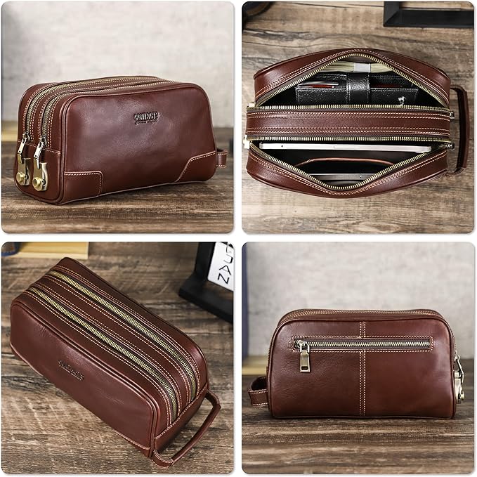 Top Grain Genuine Leather Travel Organizer Clutch Bag, Handmade Retro Vintage Design, 3 Zipper Pockets & Combination Locks, Portable Storage Bag for Phone/Cable/Charger/Cash/Toiletry/Makeup, Red Brown
