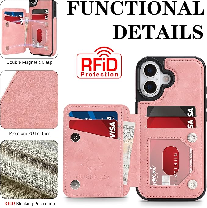 GUERNICA for iPhone 17 (6.1") Case Wallet with Card Holder, RFID Blocking Leather Protection, Shockproof Women Men Phone Case for Apple 17, Pink