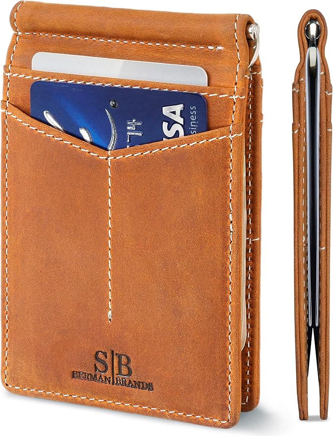 SERMAN BRANDS RFID Blocking Wallet Slim Bifold - Genuine Leather Minimalist Front Pocket Wallets for Men with Money Clip Gift (California Desert)