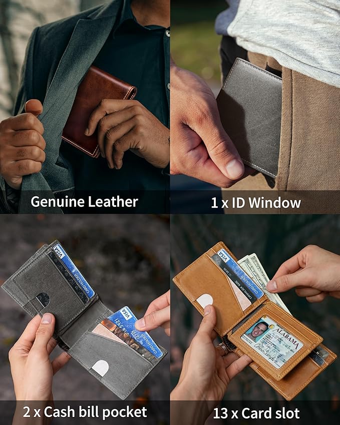 Artpaxy Mens Wallet Bifold Genuine Leather RFID Blocking Wallet for Men with 1 ID Windows 13 Card Holders 2 cash pockets 1 Gift Box