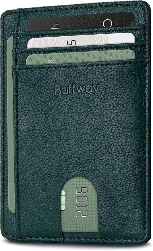 Buffway Slim Minimalist Front Pocket RFID Blocking Leather Wallets for Men and Women - Lichee Green